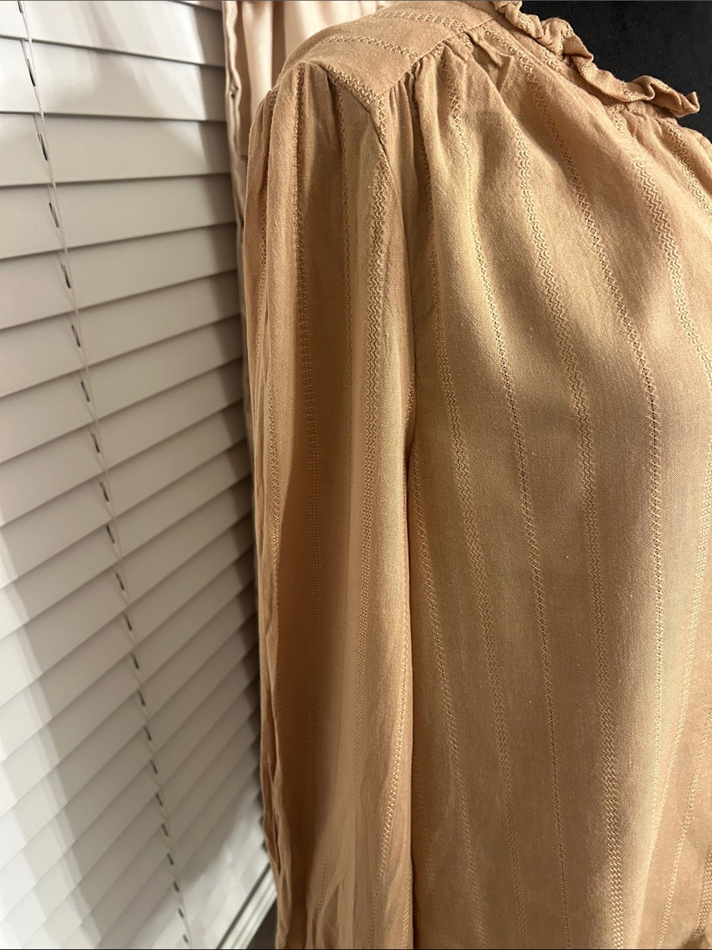 Wonderly Light Tan Ruffle-Neck Button-Down Blouse - Picture 2 of 6